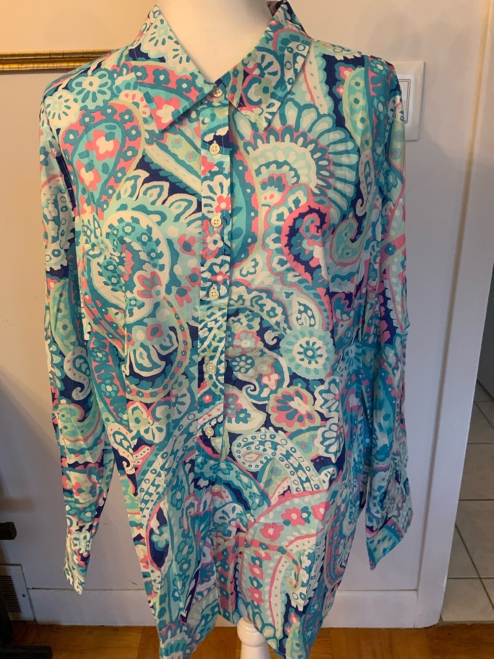 Talbots Teal, Aqua & Pink Floral Button-Down Shirt